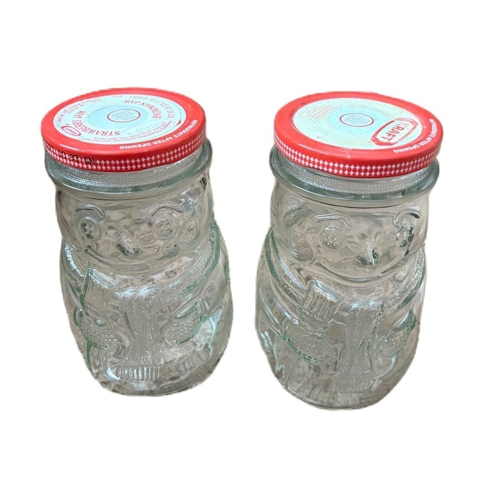 Vintage SNOWMAN CLEAR GLASS JAM JAR Kraft strawberry 6" x 4" diameter Bundle